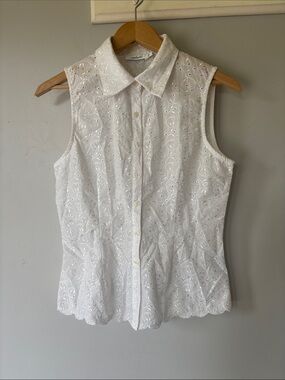Ricki's White Embroidered Eyelet Blouse Boho Cottagecore Sleeveless Top Small